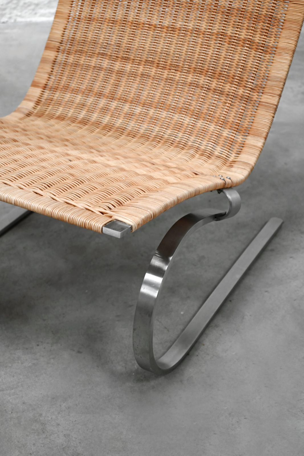 photo furniture Poul Kjaerholm Pk20 Cantiliver Stainless Steel, Cane And Leather Lounge Chairs