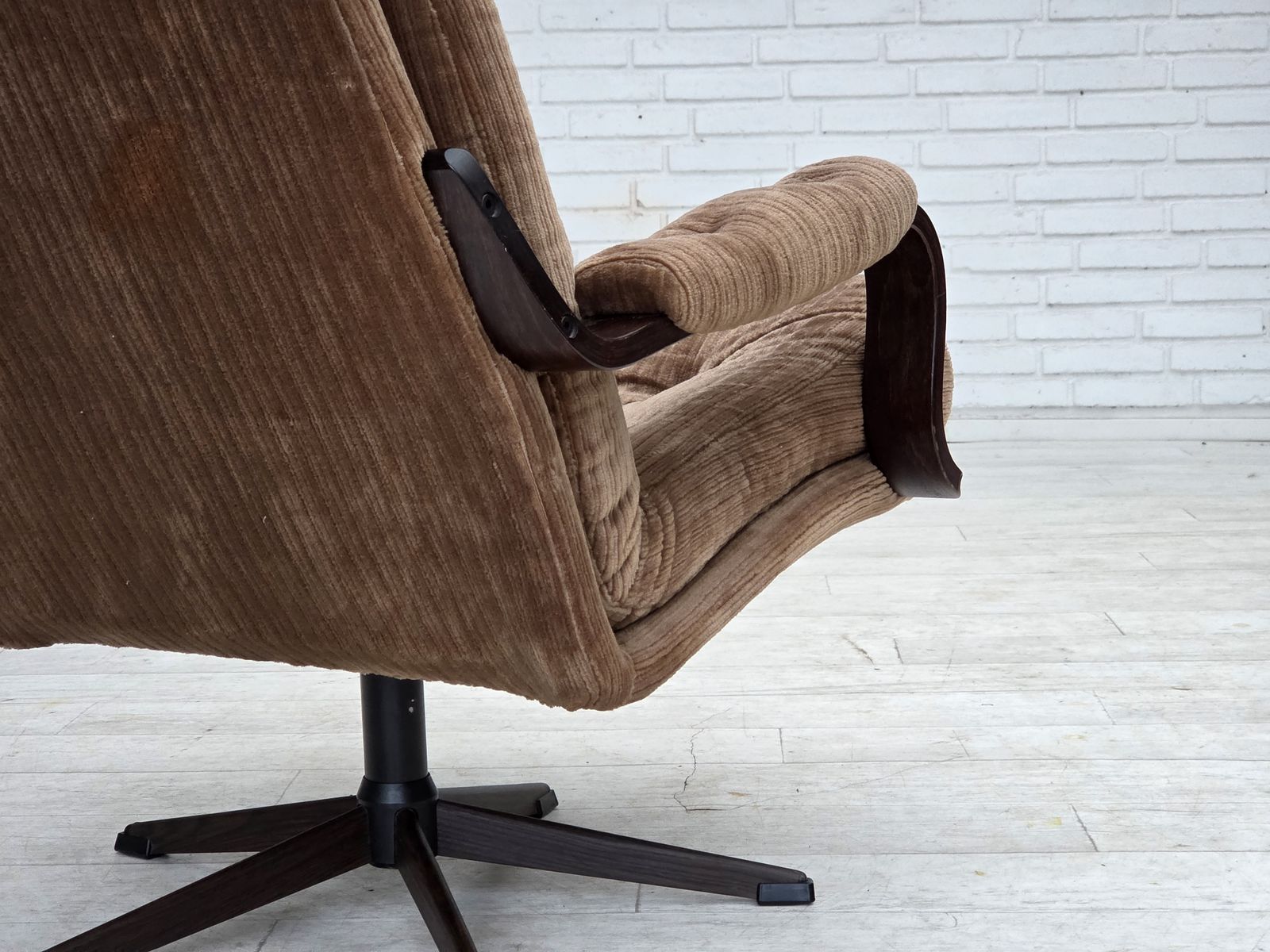 710.0 1970s, Danish Swivel Armchair, Furniture Corduroy, Dark Beech Wood. photo