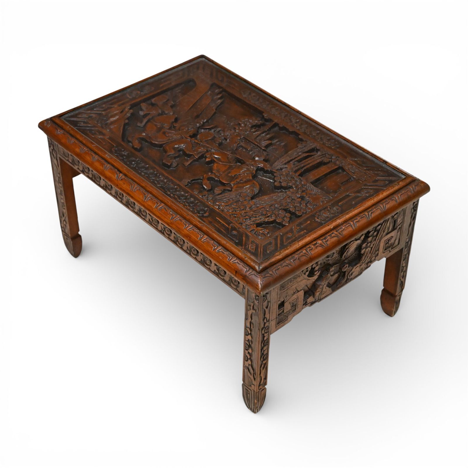 Small Chinese Coffee Table Carvings Inset Glass Top Carvings photo furniture
