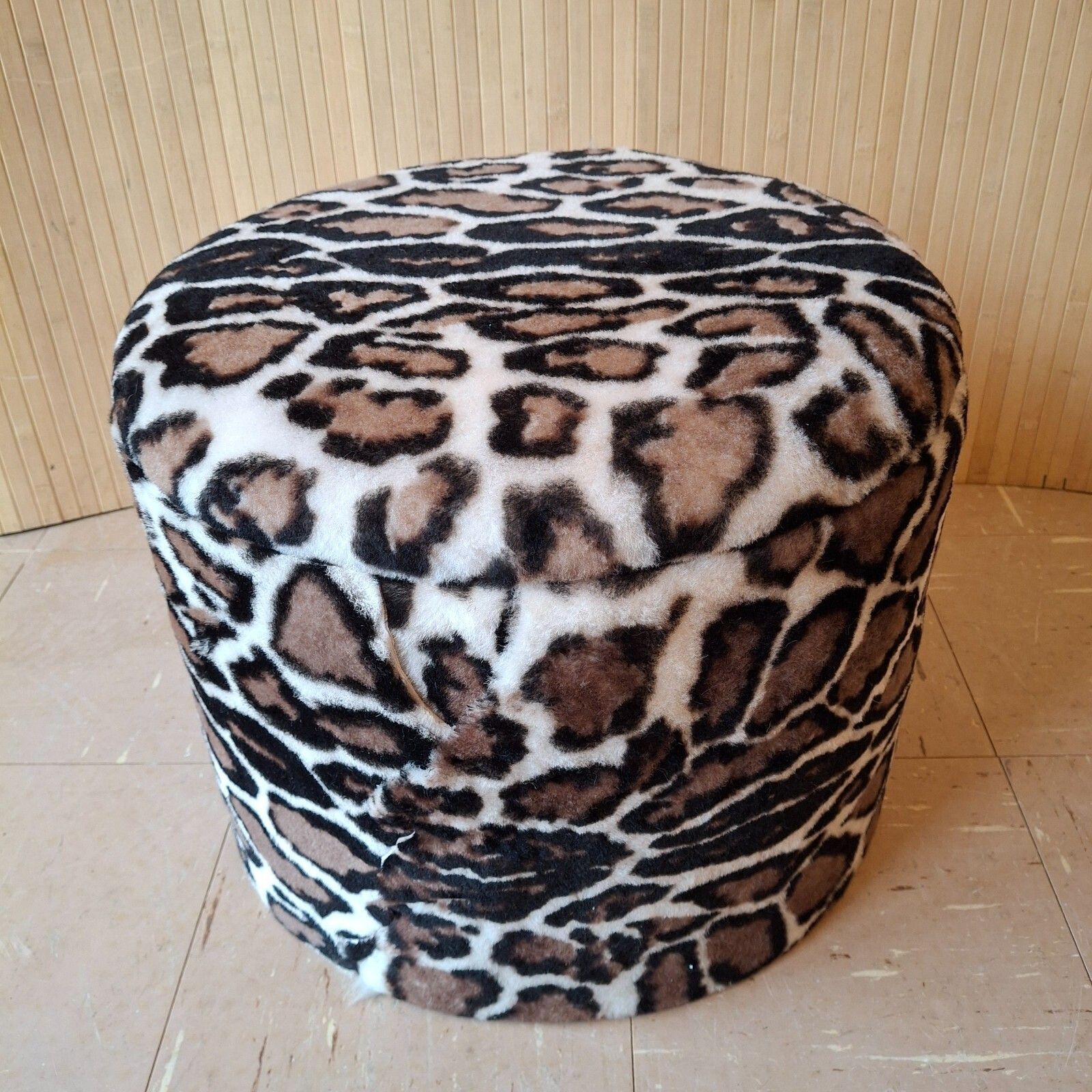 Fab Vintage Retro Handmade Pouffe Footstool W/ Storage Big Cat Printed Sheepskin photo for sale