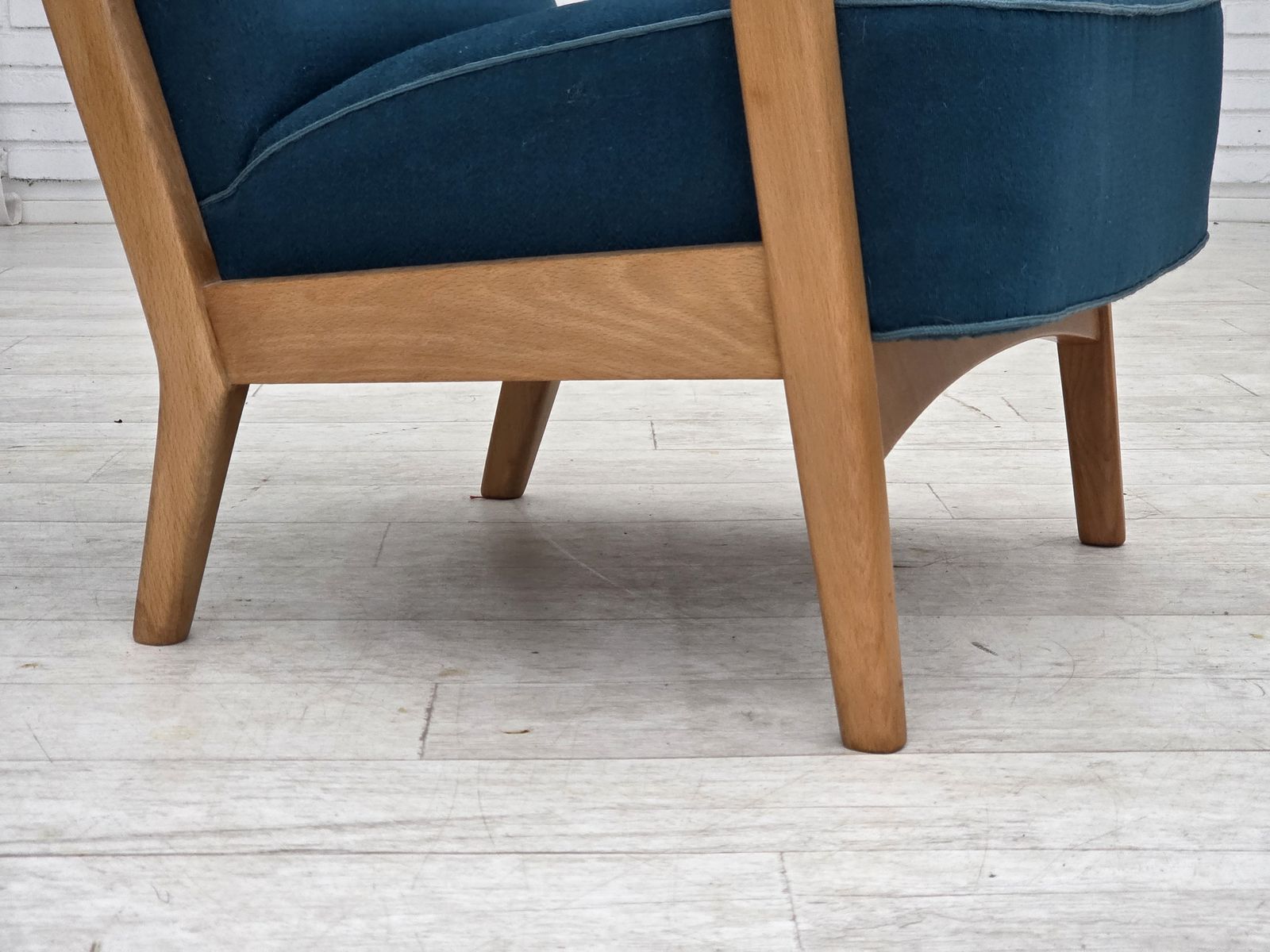 1970s, Danish Armchair By Fritz Hansen, Furniture Wool, Lacquered Beech Wood. photo for sale
