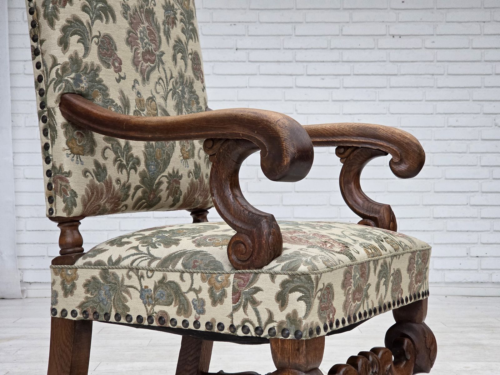 1950s, Scandinavian Highback Armchair, Furniture Fabric, Hand Carved Oak Wood. photo for sale