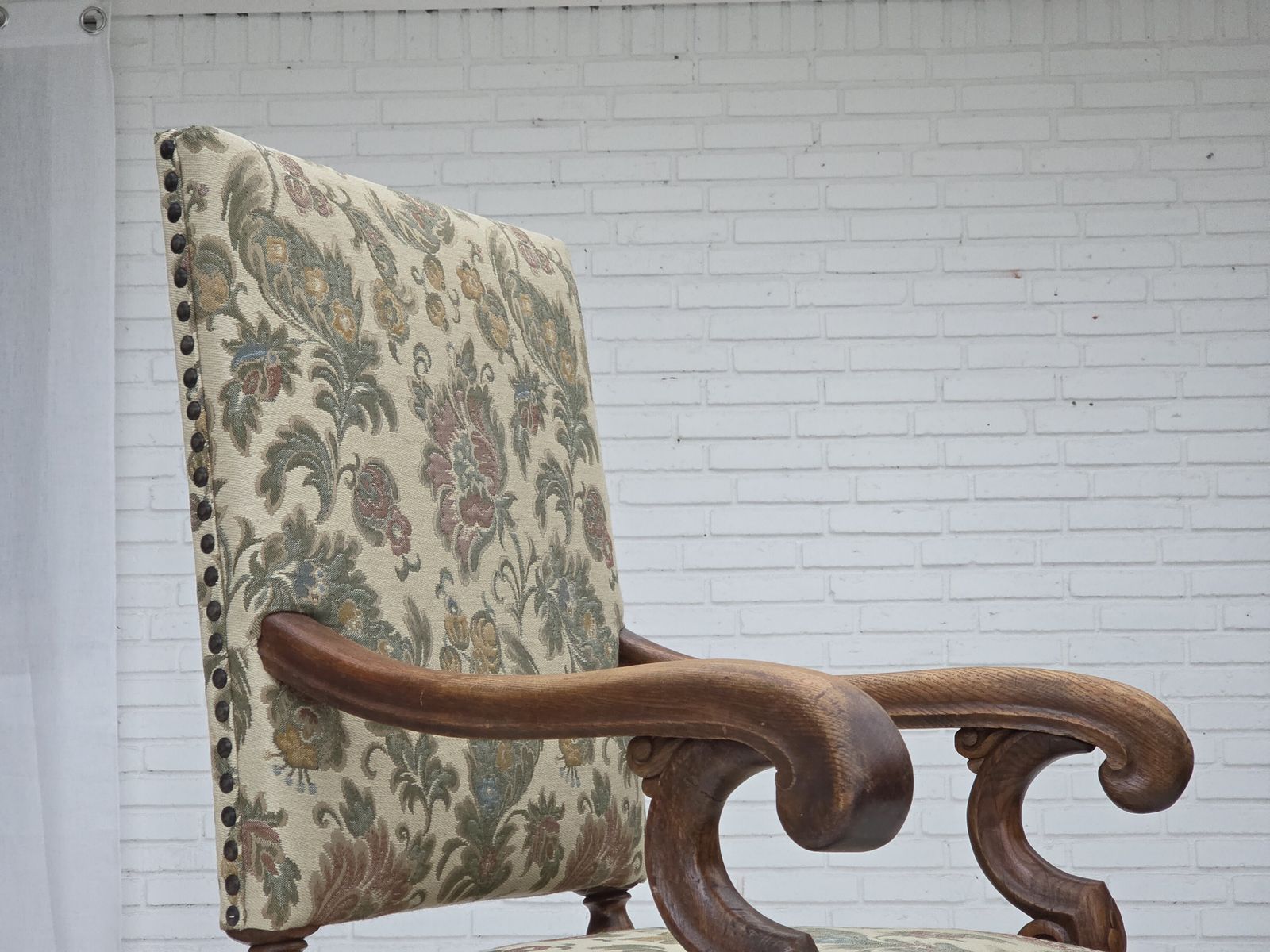 1950s, Scandinavian Highback Armchair, Furniture Fabric, Hand Carved Oak Wood. photo 710.0