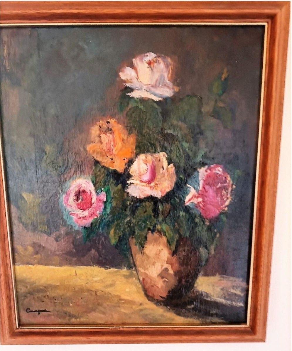 Antique Oil Painting Still Life Bouquet Of Pink Flowers Impressionist 20th Century photo furniture
