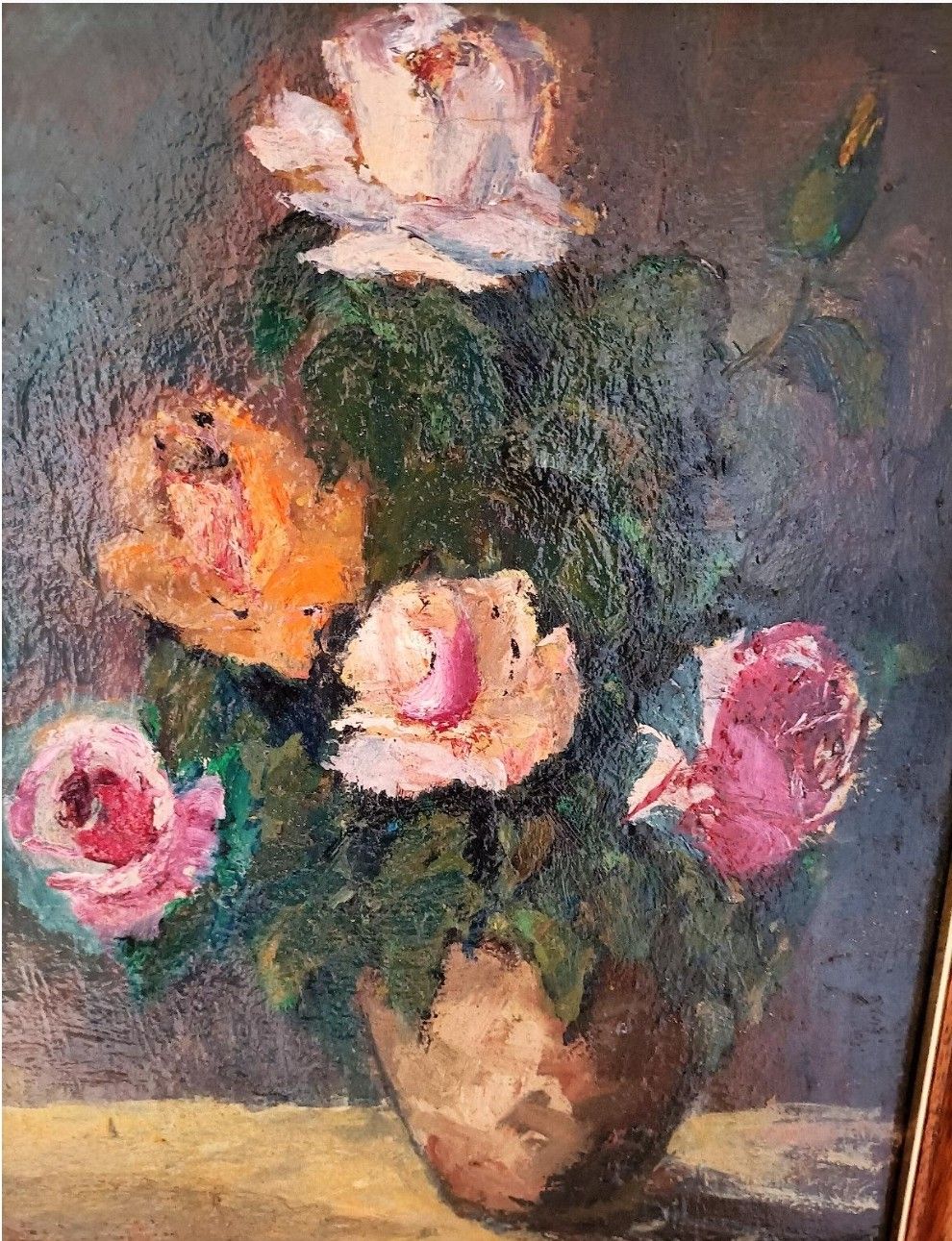 Antique Oil Painting Still Life Bouquet Of Pink Flowers Impressionist 20th Century photo for sale