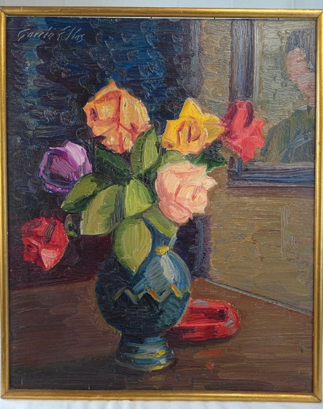 Antique Oil Painting Still Life Bouquet Of Flowers Impressionist 20th Century photo furniture