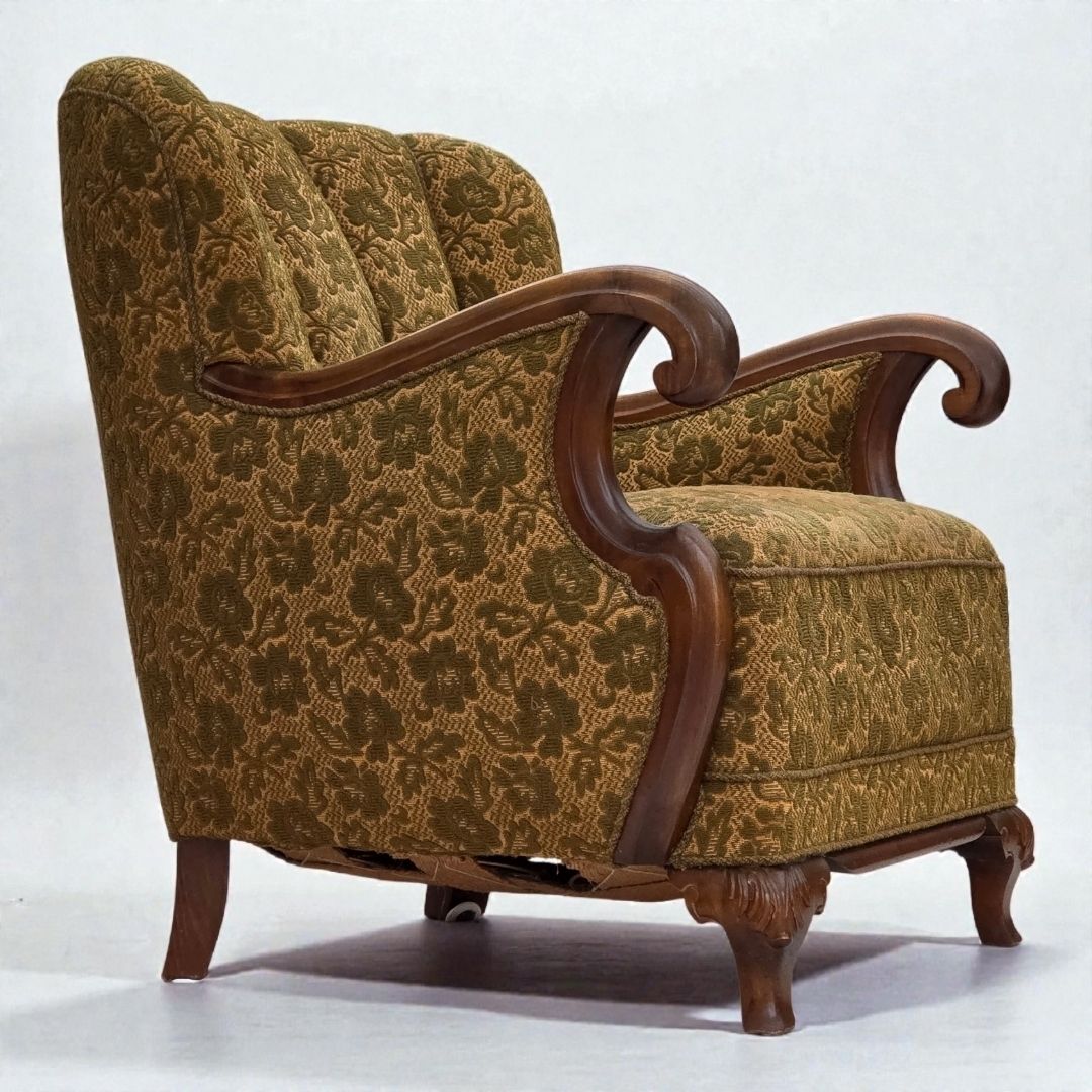 1950s, Danish Armchair, Furniture Wool, Hand Carved Oak Wood.