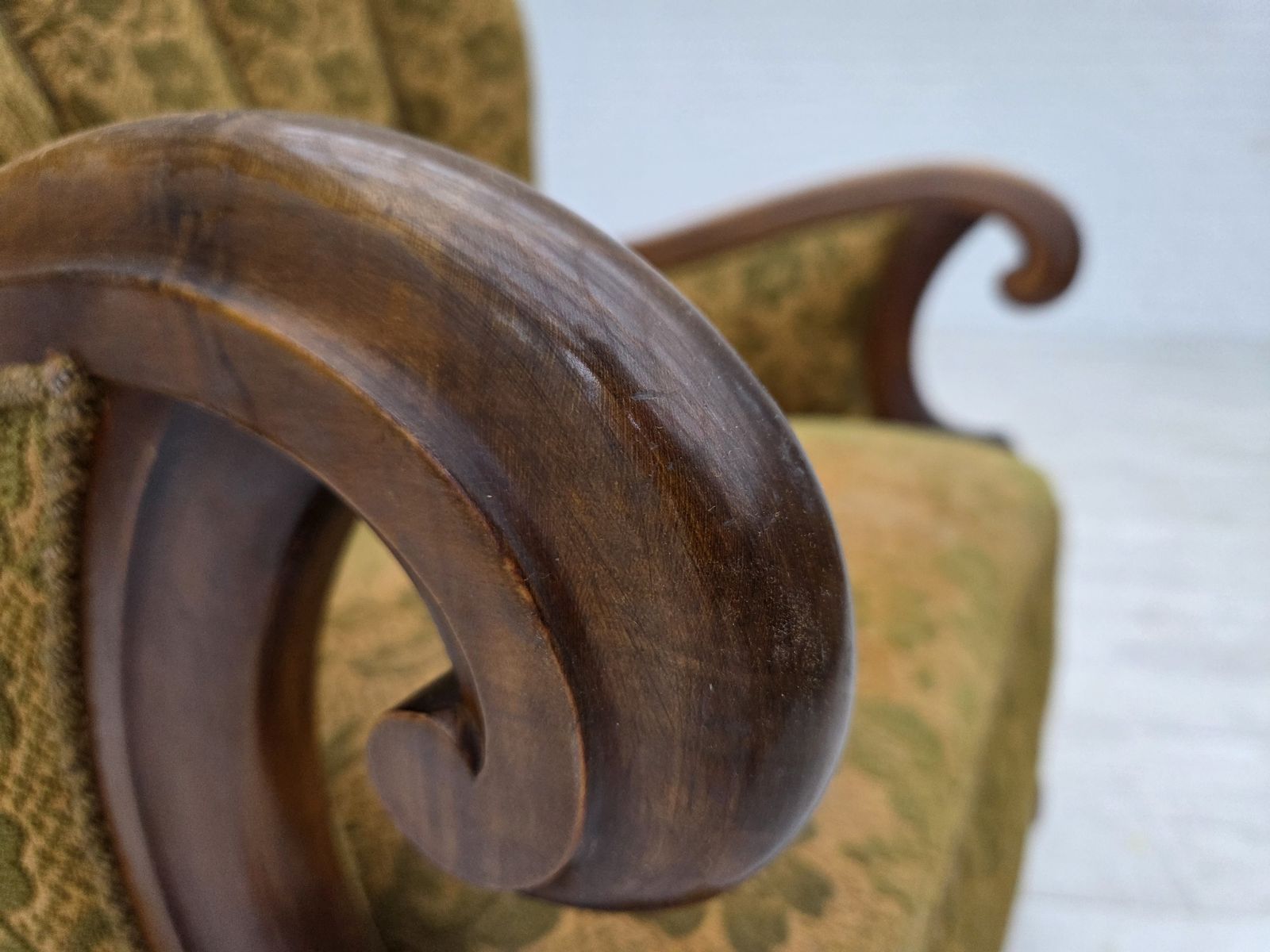 1950s, Danish Armchair, Furniture Wool, Hand Carved Oak Wood. photo vintage