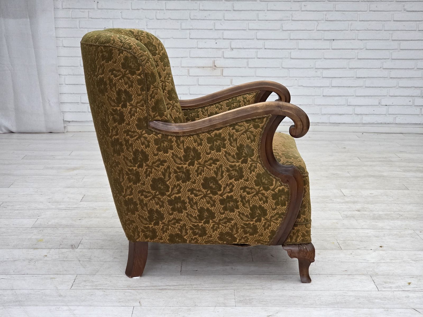 1020.0 1950s, Danish Armchair, Furniture Wool, Hand Carved Oak Wood. photo