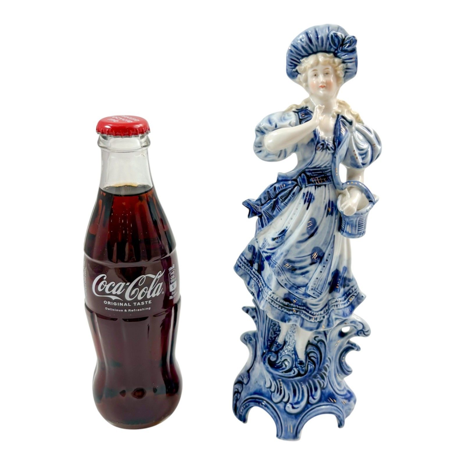 160.0 Antique Dresden Porcelain Lady Figure With Basket, Blue And White, 19th Century photo