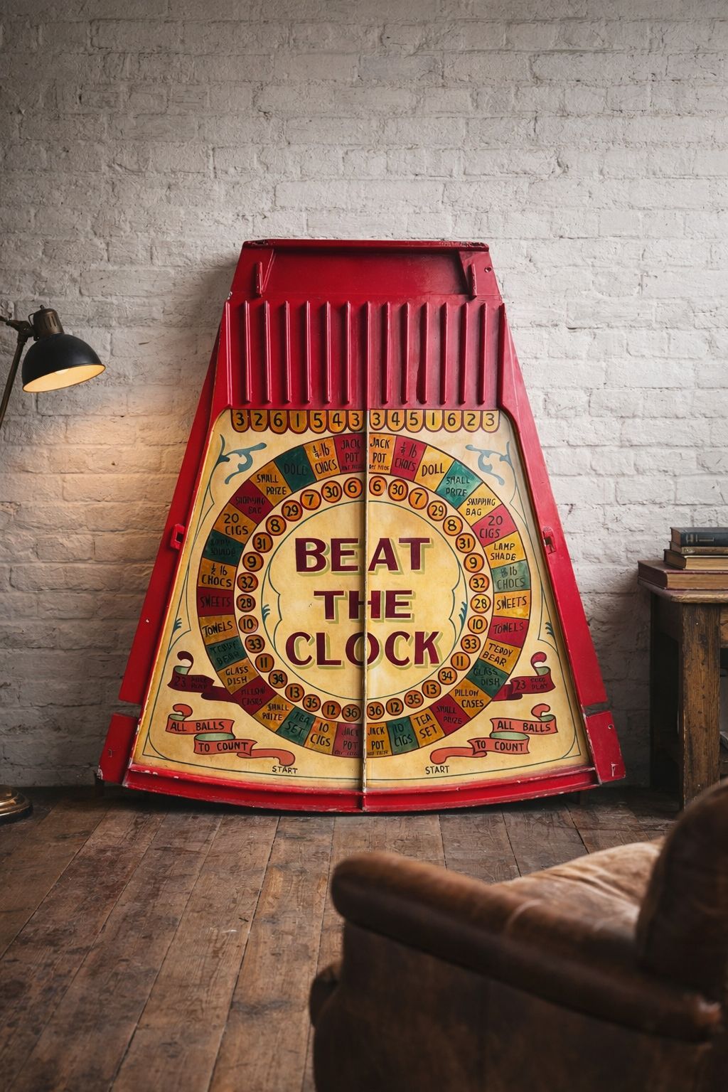 Vintage Fairground “Beat The Clock” Prize Game Display Panel – Original Painted Wood & Metal, C 1930s–50s