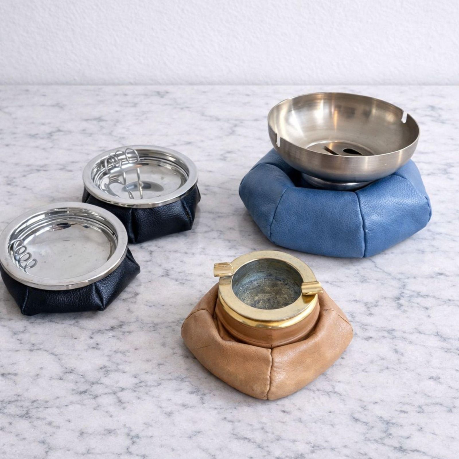 Pair Of 1970s Italian Ashtrays In Black Leather And Metal photo for sale
