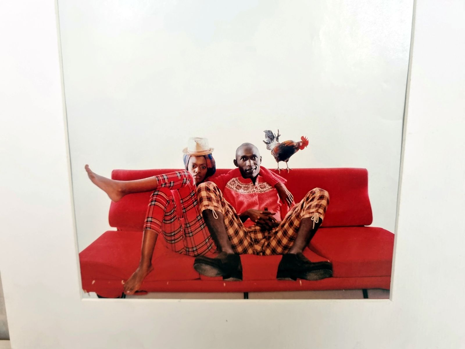 Mounted Editorial Fashion Photograph, Red Sofa Studio Scene, 1990s Magazine Image photo furniture