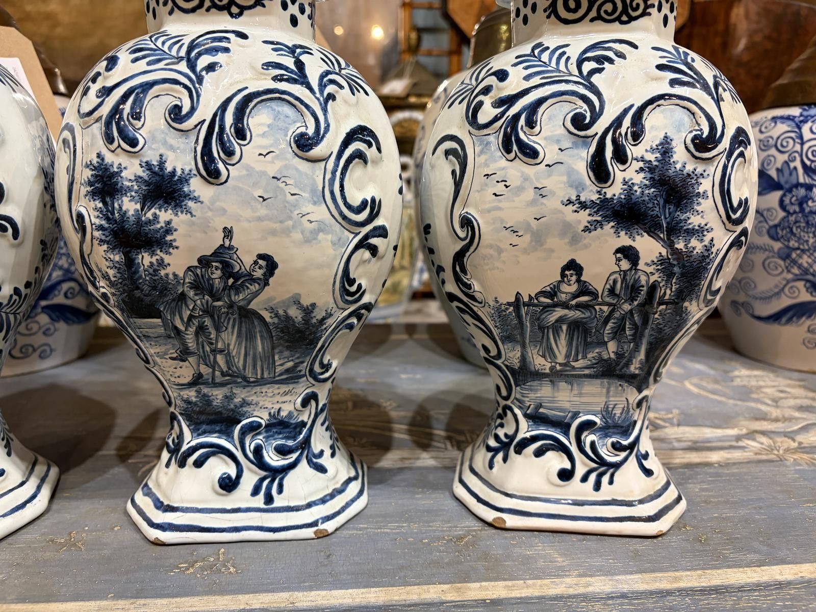 Trio Of Dutch 19th Century Delft Lidded Vases photo vintage