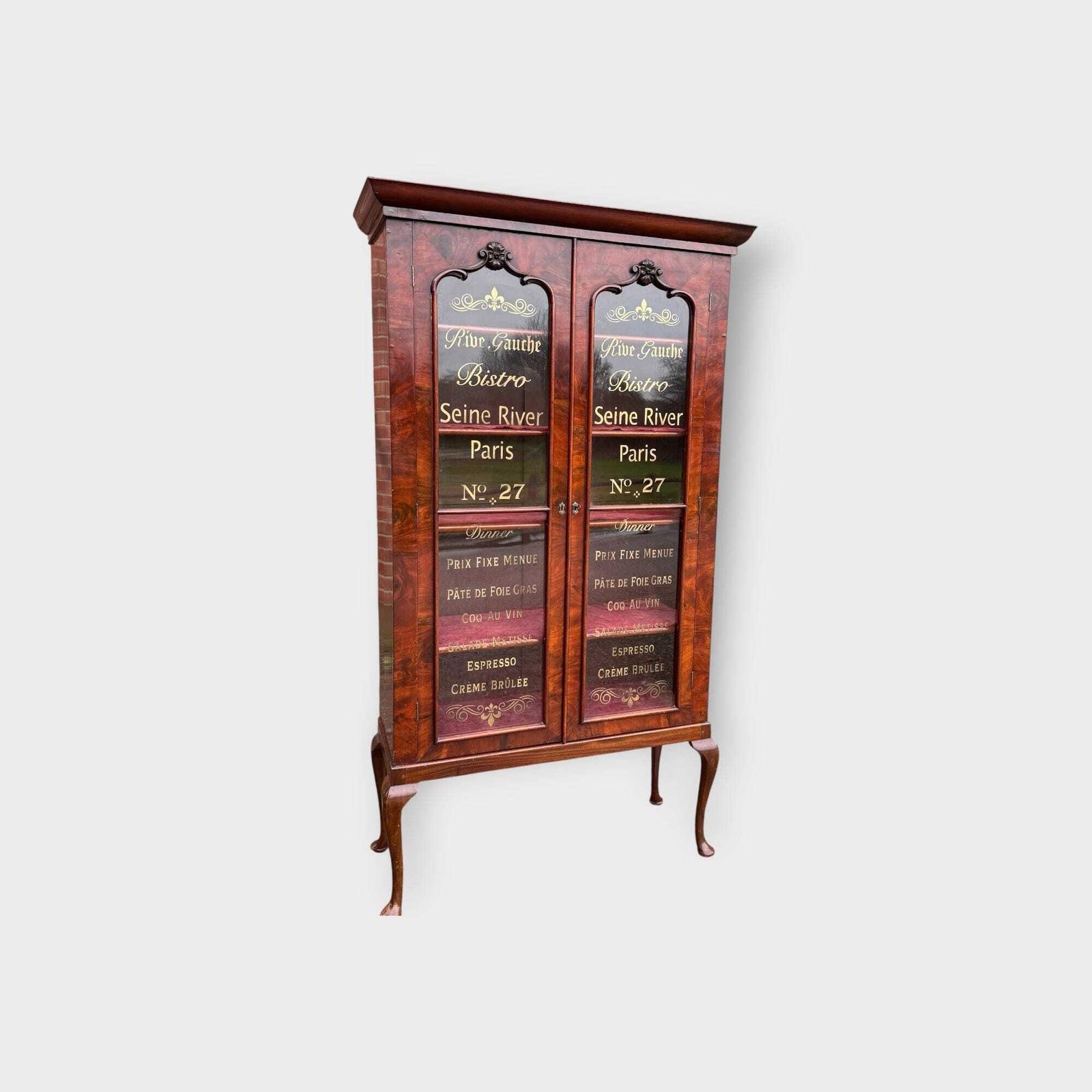 Antique Tall Walnut 2 Door Glazed Bookcase With Cupboard & Later Lettering photo for sale