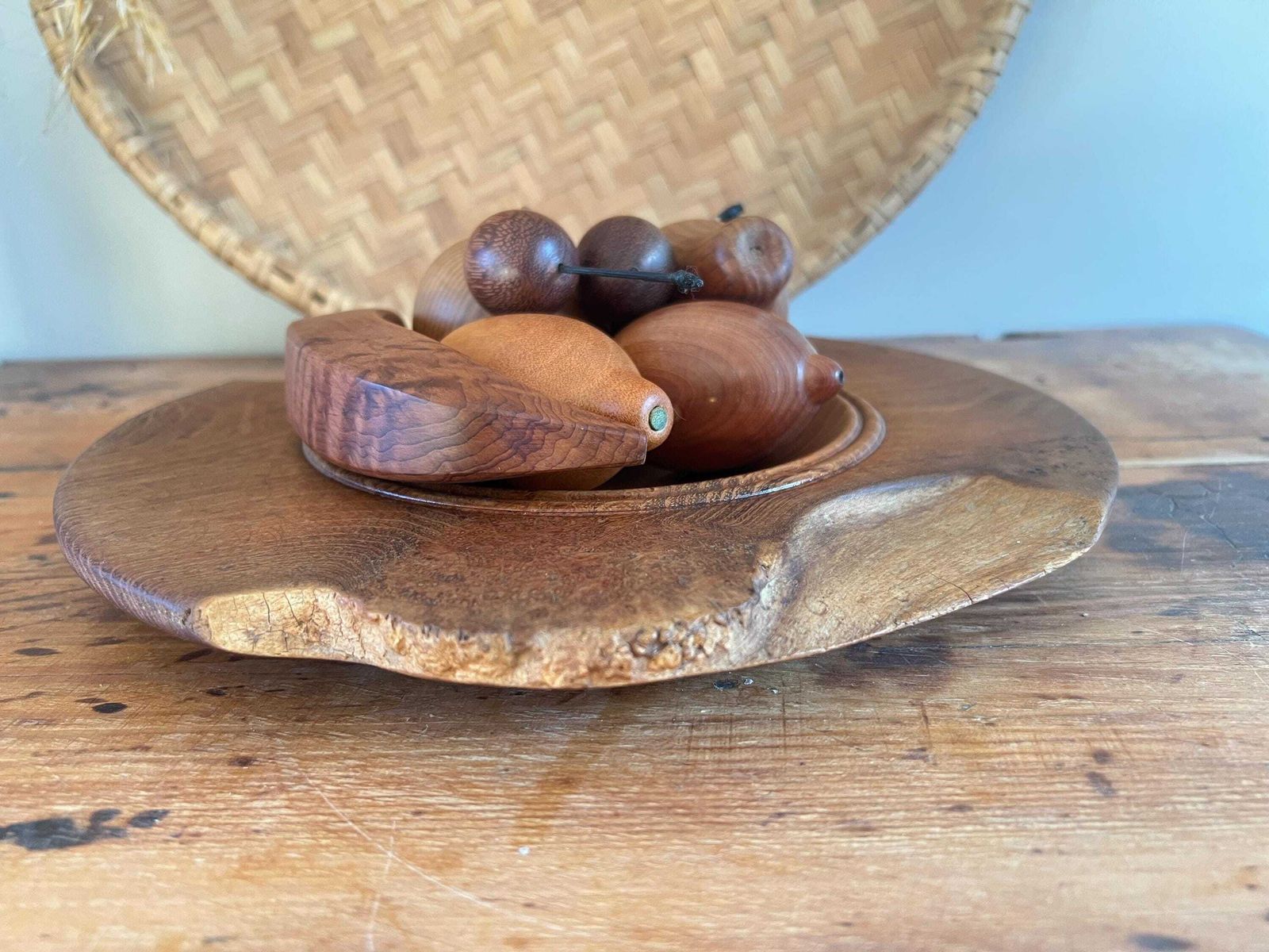 Vintage Hand Turned Wood Fruit & Bowl Set | John Lowe Acacia Burl Bowl David Gliddon Fruit | Mid Century Studio Woodcraft | 7 Piece Set photo Home Decor