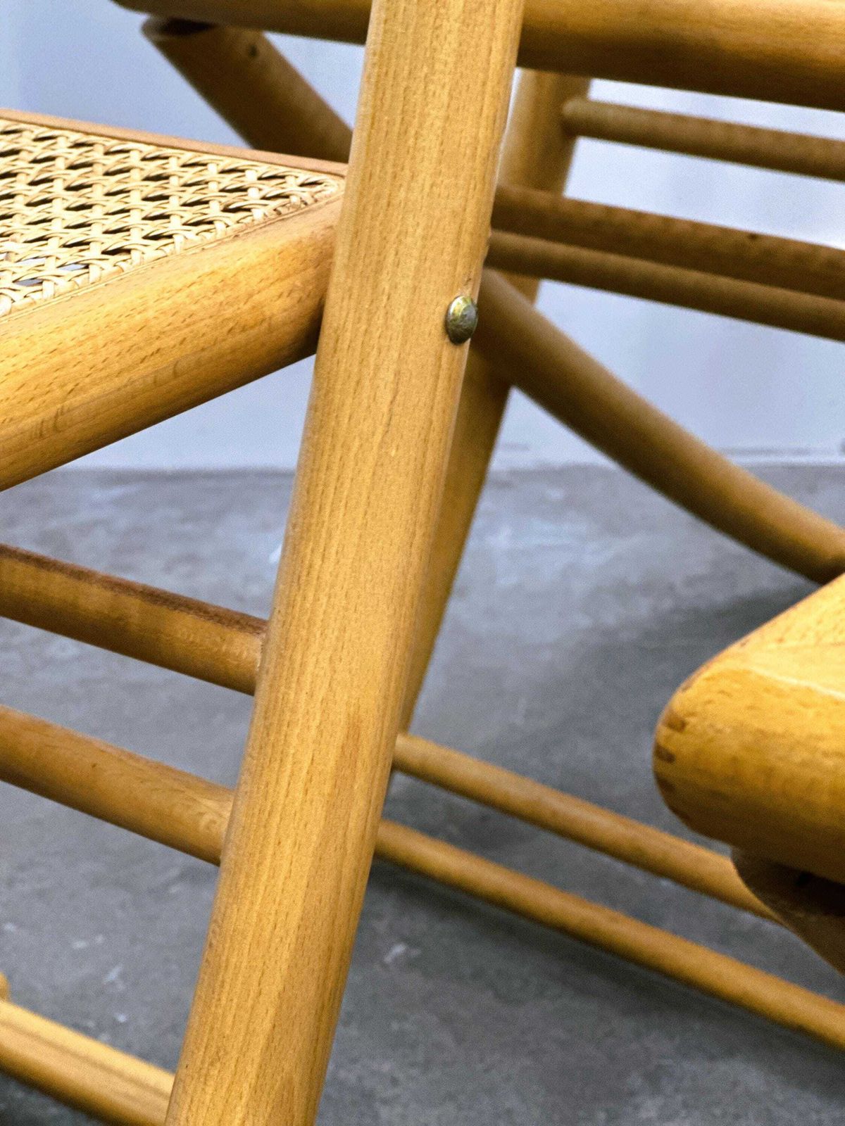 Rare Set Of Four Belgian Folding Chairs In Solid Wood And Hand Woven Cane, Mid Century. photo for sale