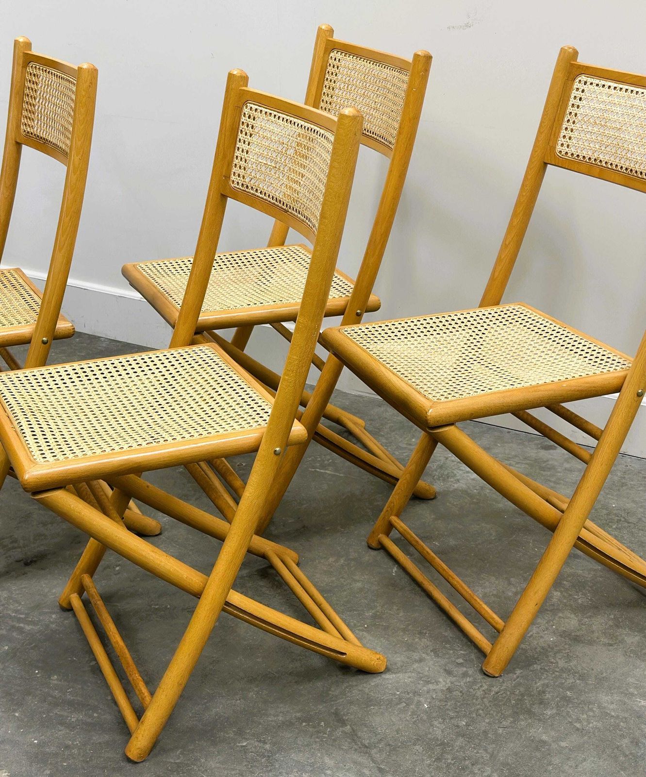 1073.0 Rare Set Of Four Belgian Folding Chairs In Solid Wood And Hand Woven Cane, Mid Century. photo