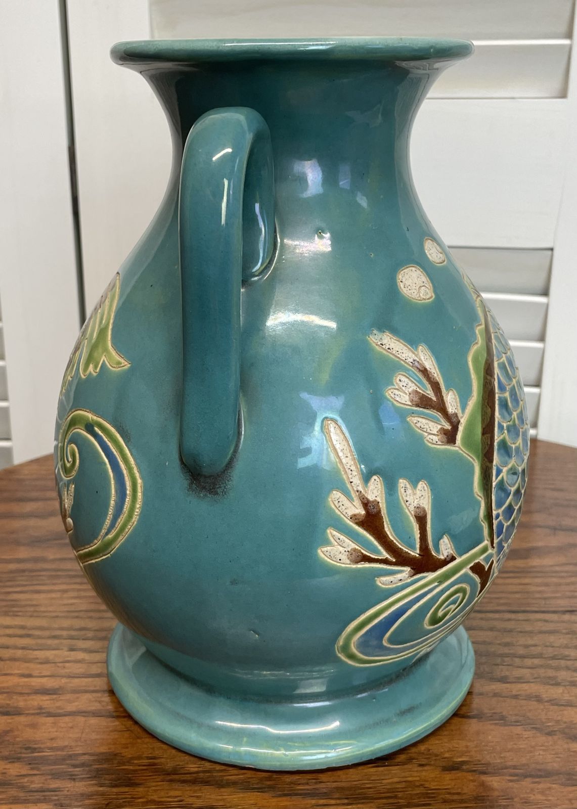 Large Oriental Teal Lustre Vase With Incised Fish Decoration photo for sale