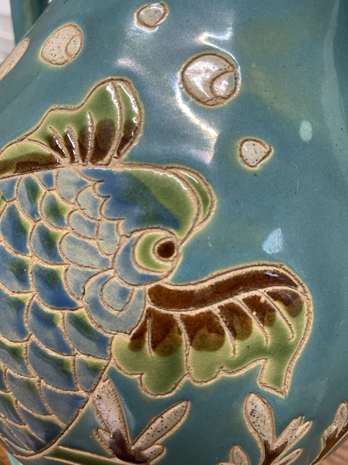 photo for sale Large Oriental Teal Lustre Vase With Incised Fish Decoration