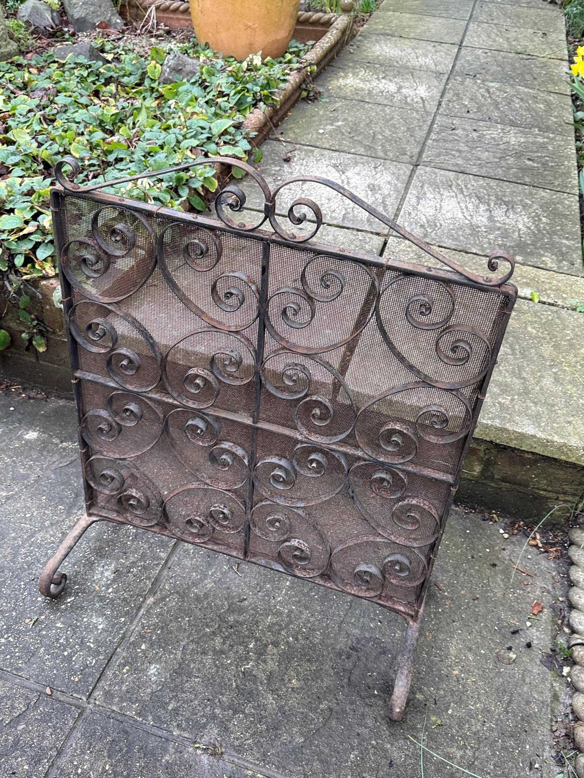 Antique Wrought Iron Fire Screen Victorian Scrollwork Fireplace Spark Guard photo for sale