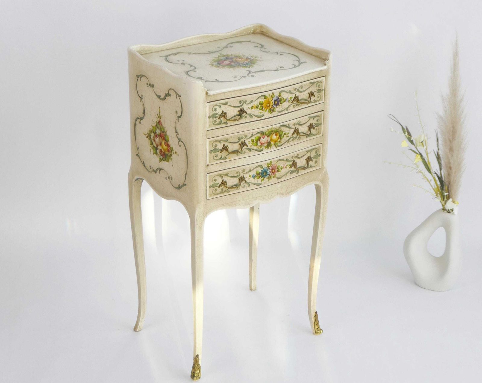 Antique Louis XV Hand Painted Chest Of Drawers, Floral Venetian Nightstand With Drawers, Small Chest