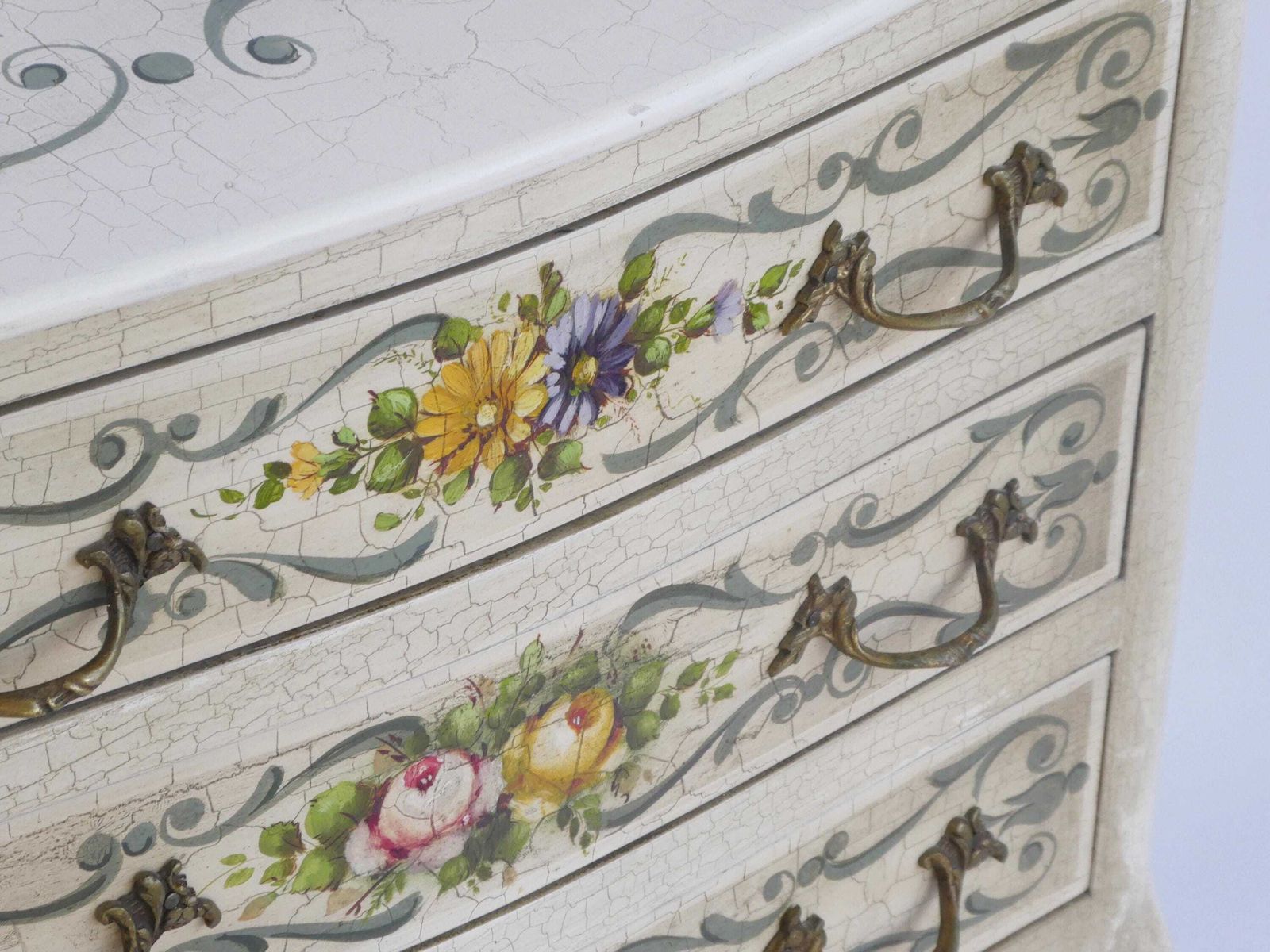 Antique Louis XV Hand Painted Chest Of Drawers, Floral Venetian Nightstand With Drawers, Small Chest photo for sale
