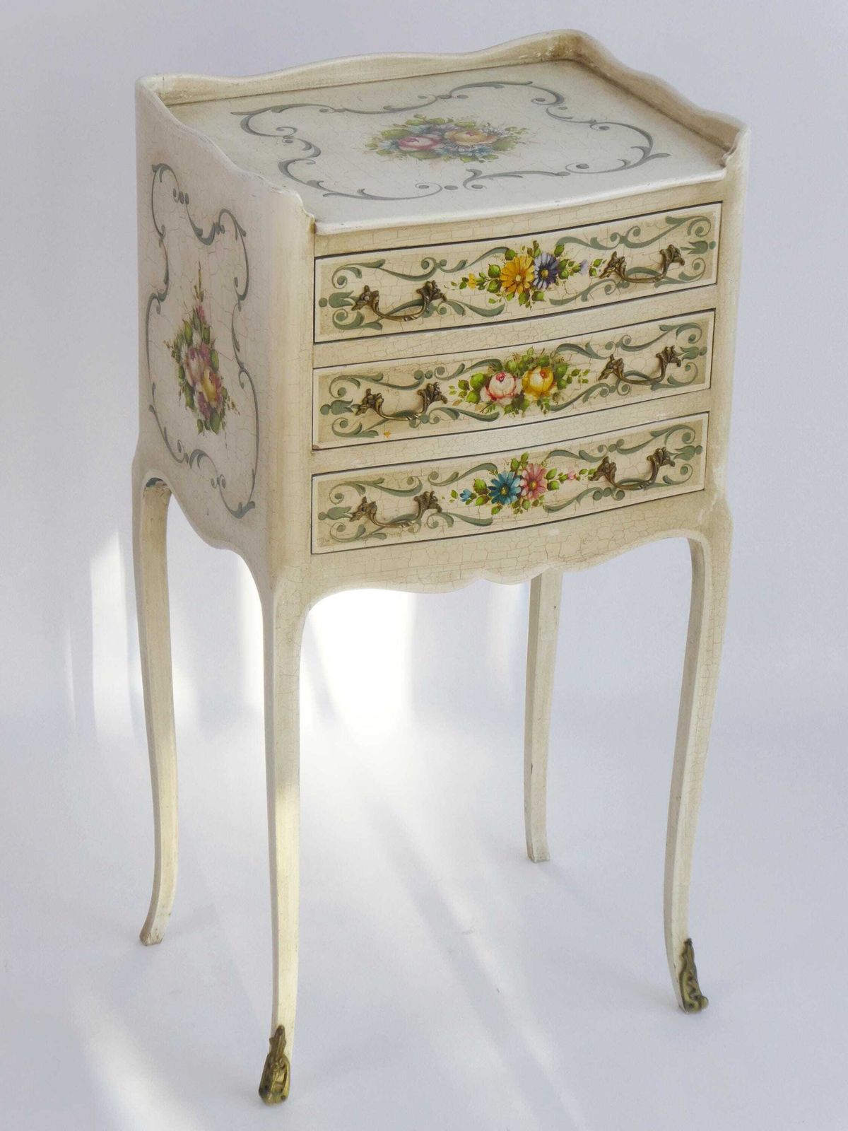 photo furniture Antique Louis XV Hand Painted Chest Of Drawers, Floral Venetian Nightstand With Drawers, Small Chest