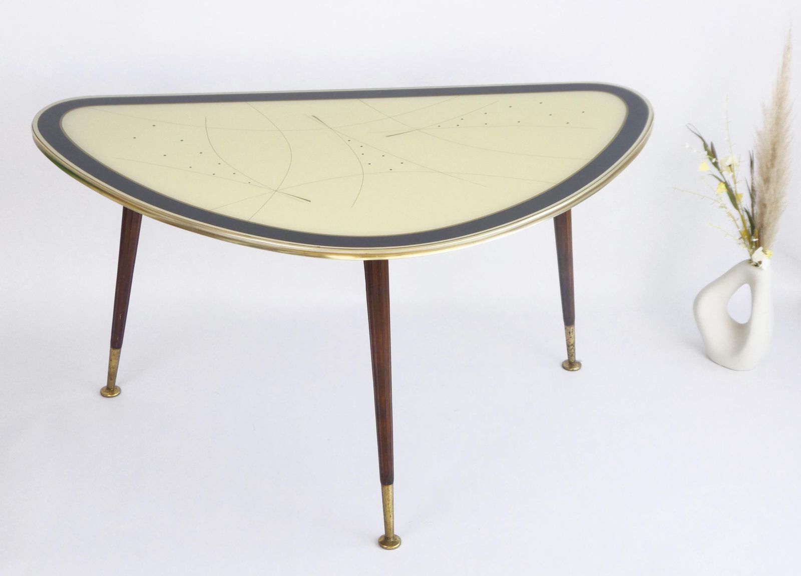 Large Vintage Kidney Shaped Coffee Table, Original Space Age Glass Table With Wooden Legs And Brass Rim