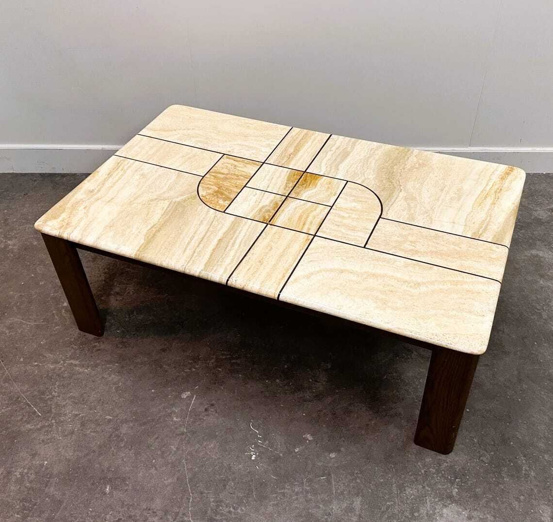 Large 1970s Travertine Stone Coffee Table With Sculptural Inlay Top And Solid Oak Base