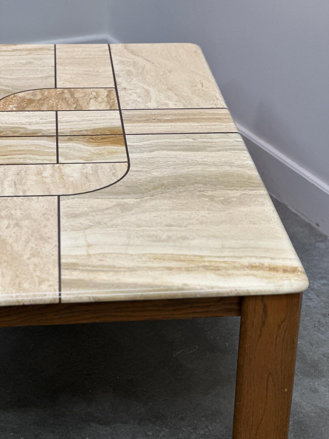 Large 1970s Travertine Stone Coffee Table With Sculptural Inlay Top And Solid Oak Base photo vinterior