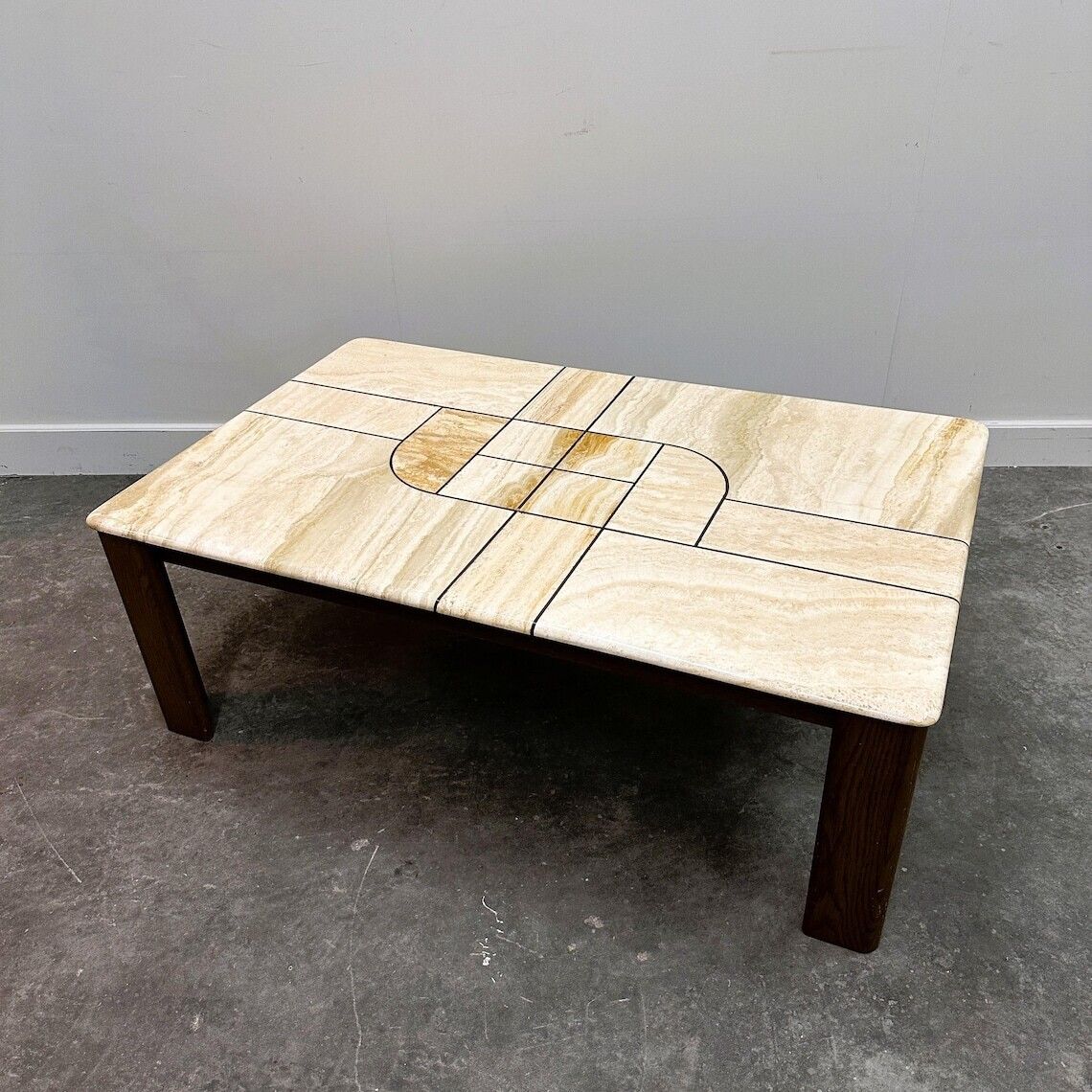Large 1970s Travertine Stone Coffee Table With Sculptural Inlay Top And Solid Oak Base photo vintage