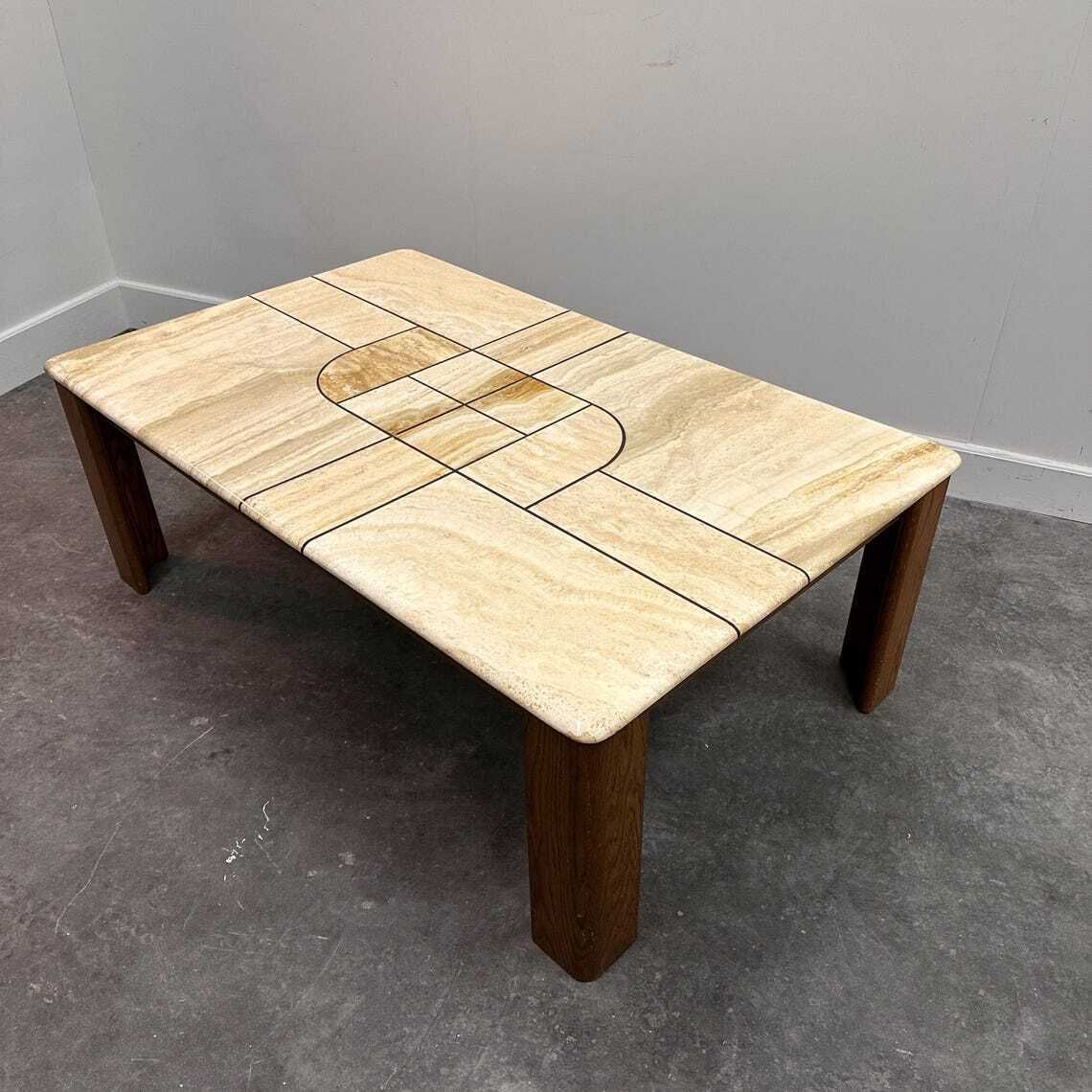 photo for sale Large 1970s Travertine Stone Coffee Table With Sculptural Inlay Top And Solid Oak Base