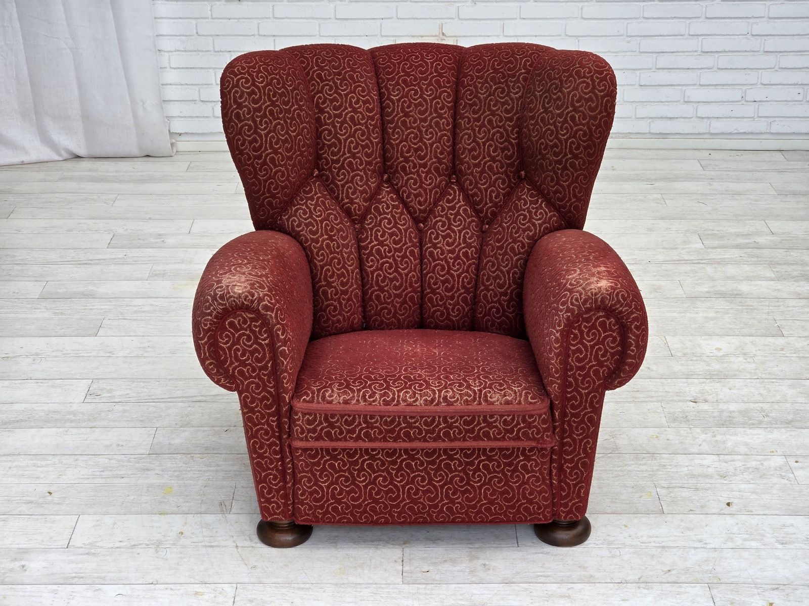 1960s, Danish Relax Armchair, Original Red Furniture Wool, Oak Wood Legs. photo for sale