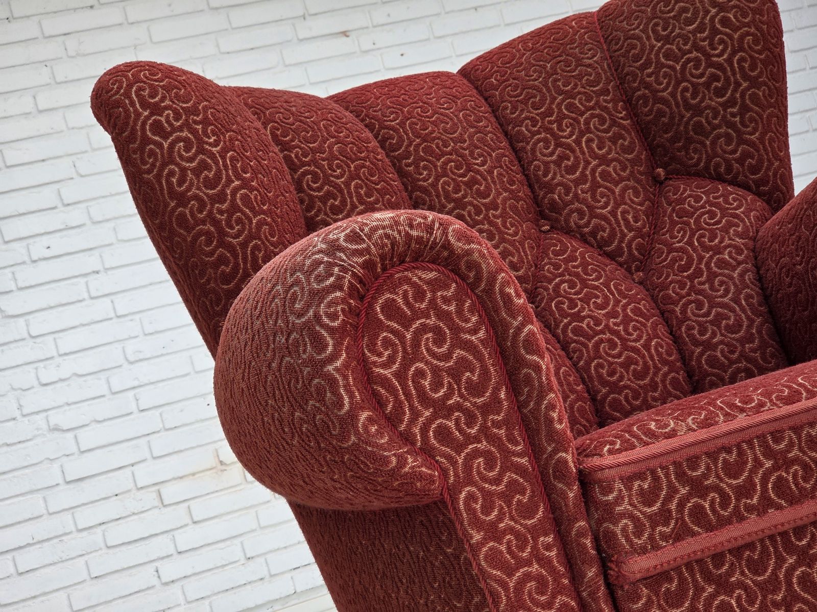 1960s, Danish Relax Armchair, Original Red Furniture Wool, Oak Wood Legs. photo Furniture