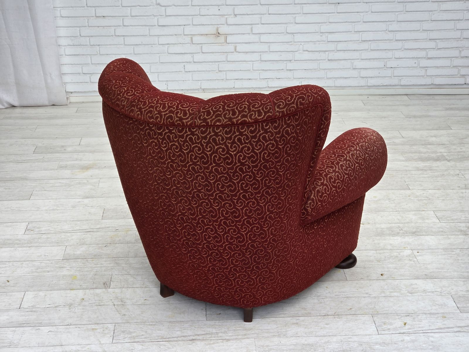 Furniture 1960s, Danish Relax Armchair, Original Red Furniture Wool, Oak Wood Legs. photo