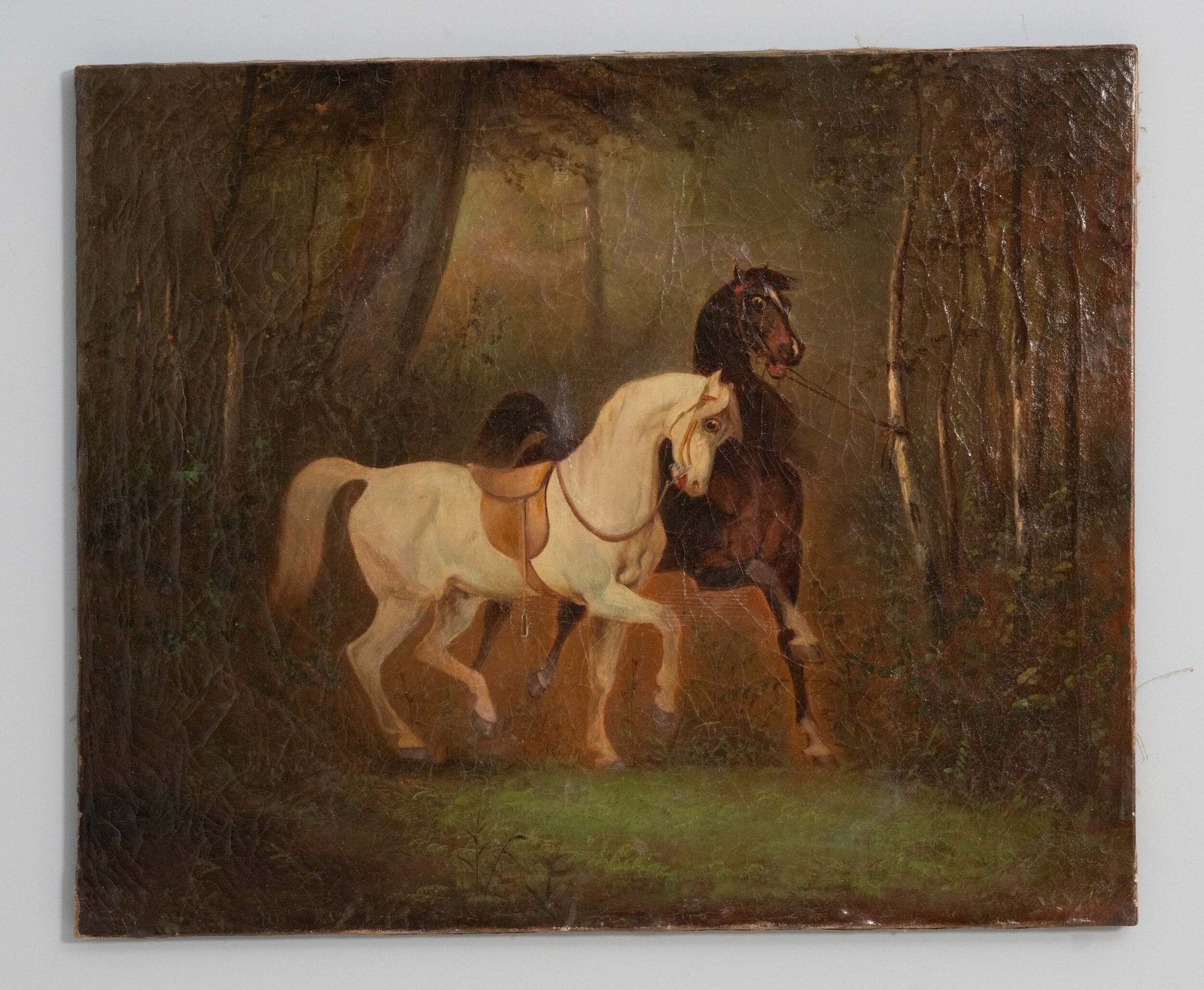 Early 19th Century Oil Painting With Two Horses, Ca. 1820–1840 photo Art