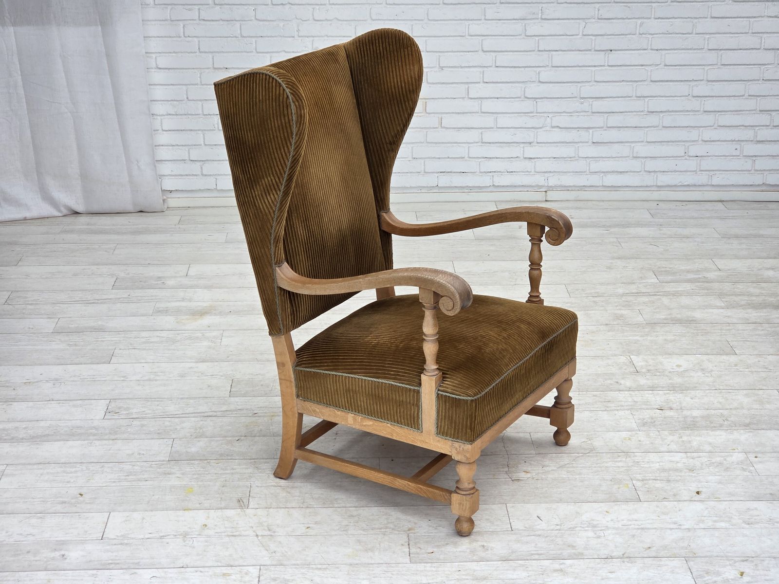1970s, Scandinavian Wingback, Highback Armchair, Furniture Corduroy, Carved Oak Wood. photo furniture