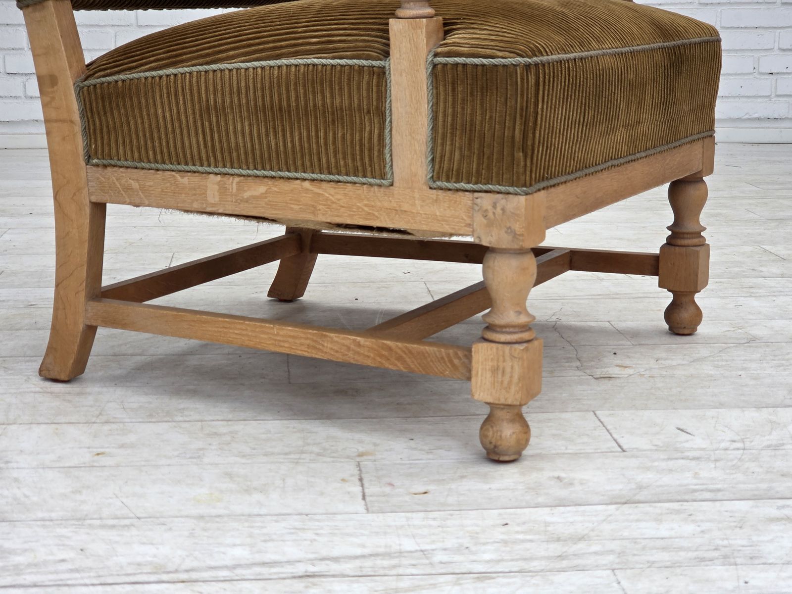 1970s, Scandinavian Wingback, Highback Armchair, Furniture Corduroy, Carved Oak Wood. photo Furniture