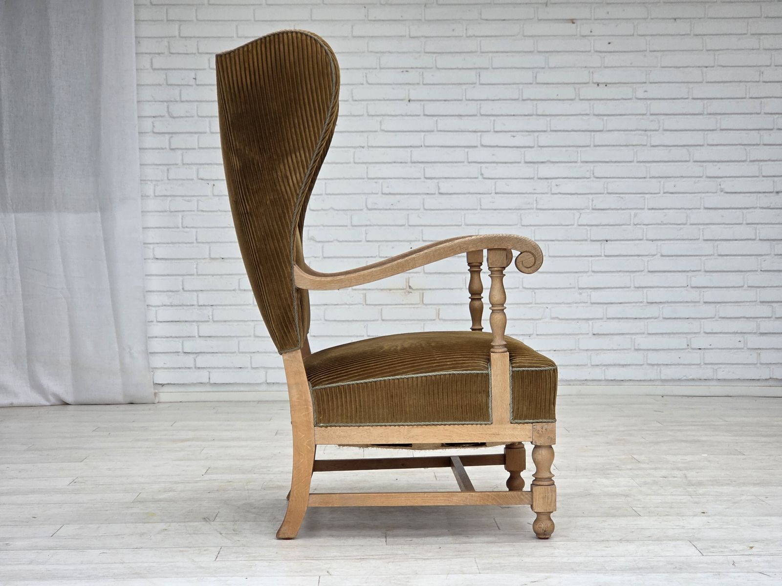 photo for sale 1970s, Scandinavian Wingback, Highback Armchair, Furniture Corduroy, Carved Oak Wood.