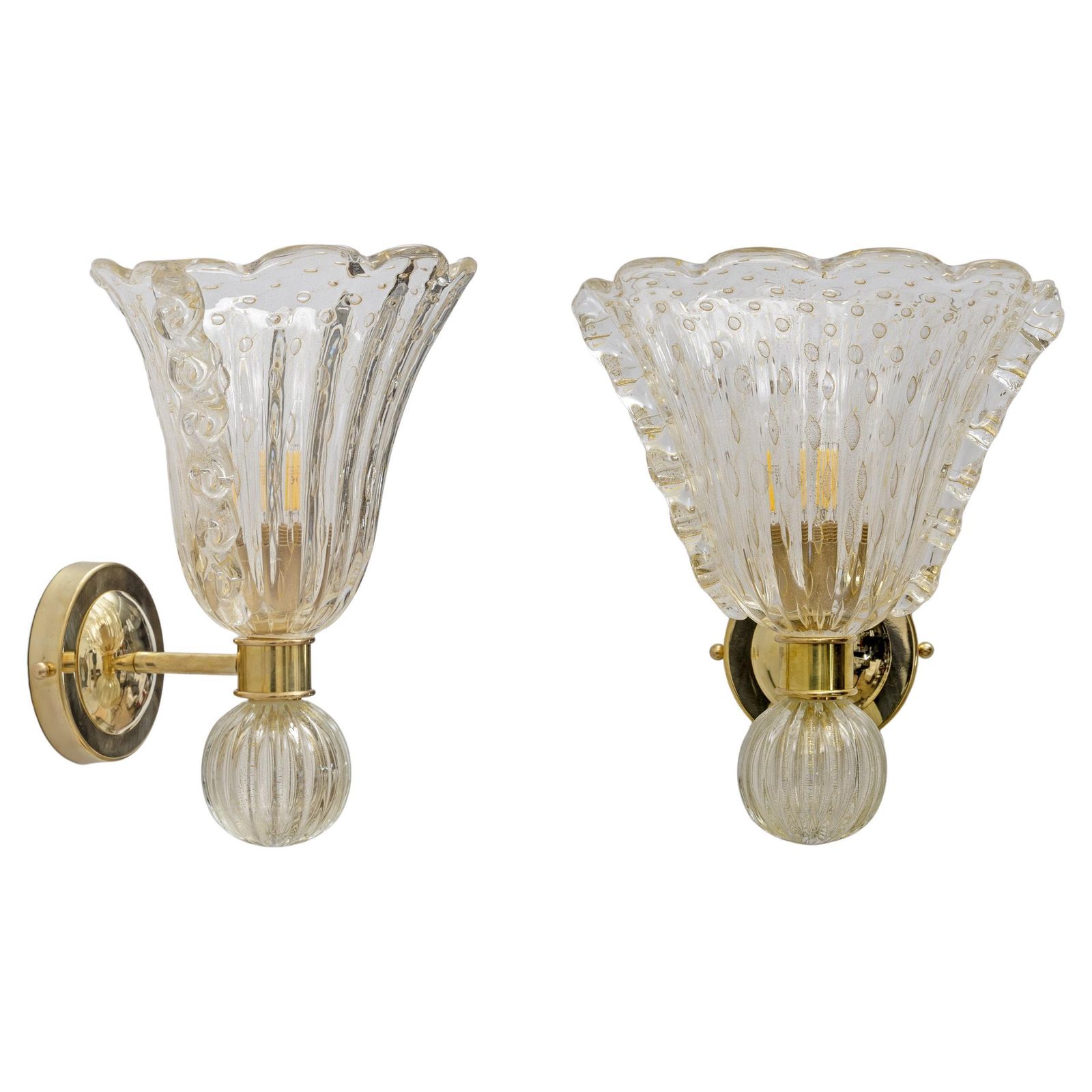 Attributed To Barovier & Toso Brass And Pulegoso Murano Glass Sconces, Pair