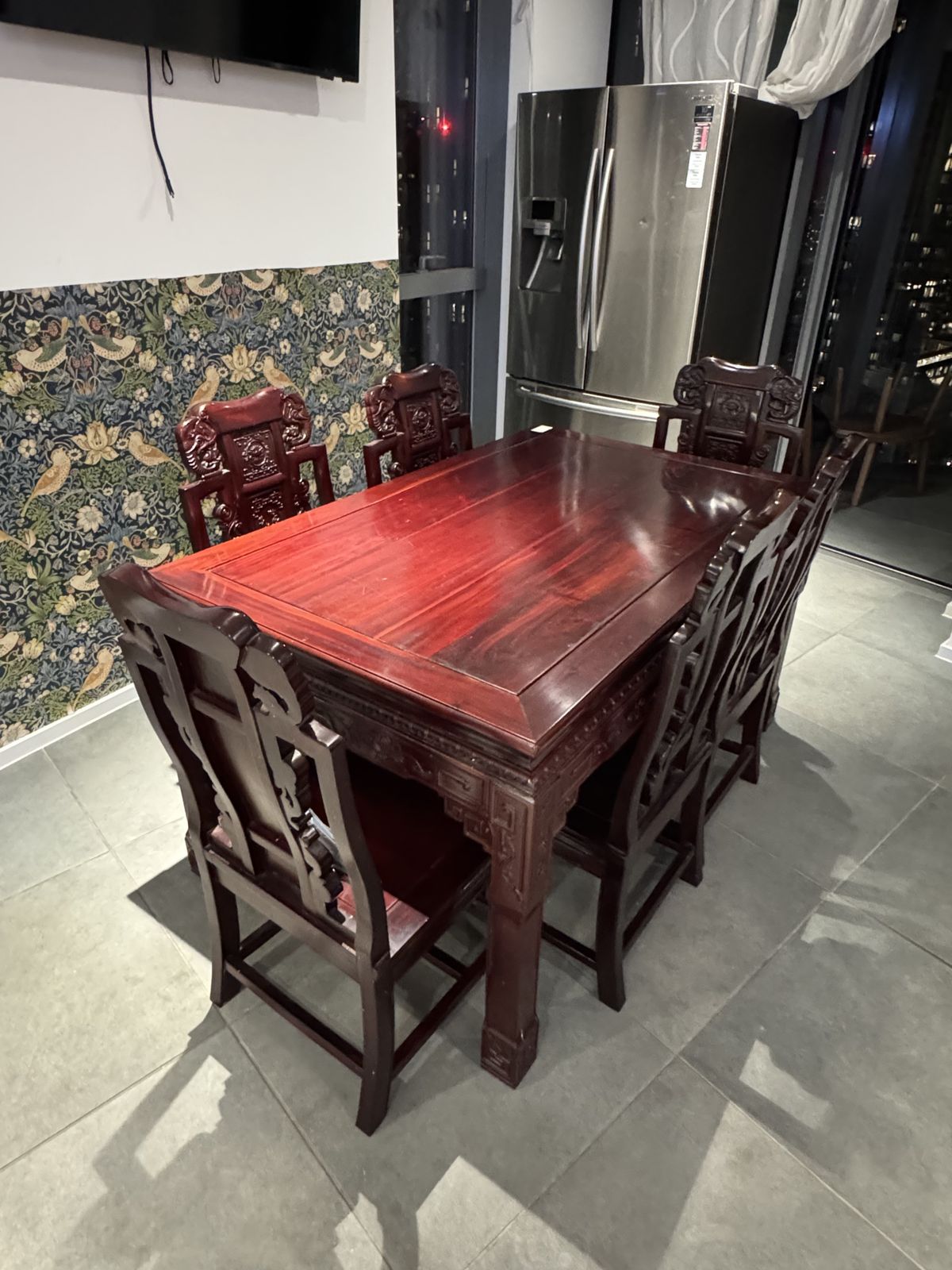 Chinese Rosewood Dining Table Set With 6 Carved Chairs (147cm X 86cm) photo furniture