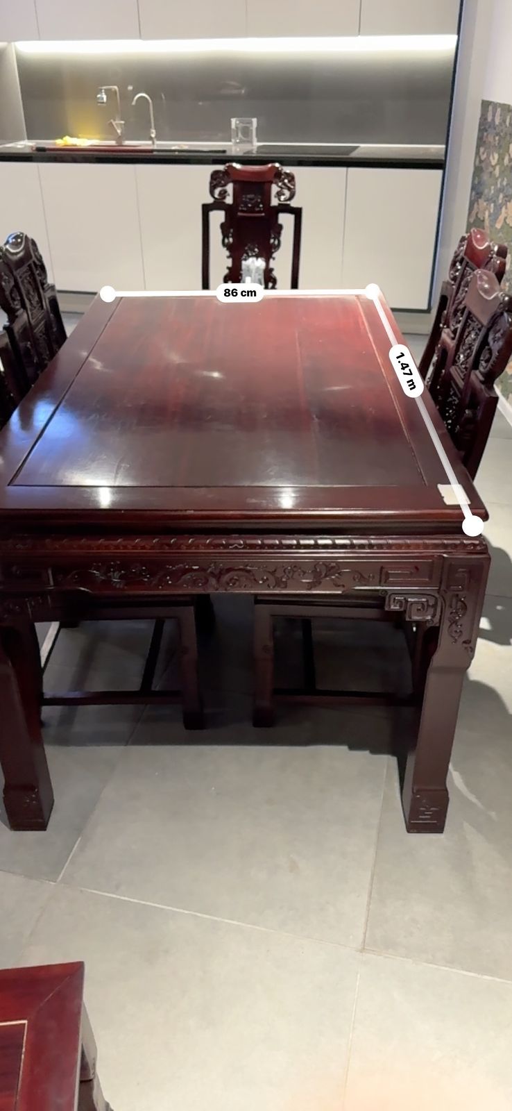 Chinese Rosewood Dining Table Set With 6 Carved Chairs (147cm X 86cm) photo for sale
