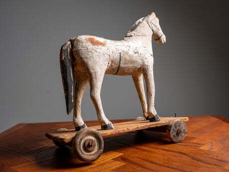 Antique Wooden Toy Horse On Wheels, Early 20th Century photo vinterior