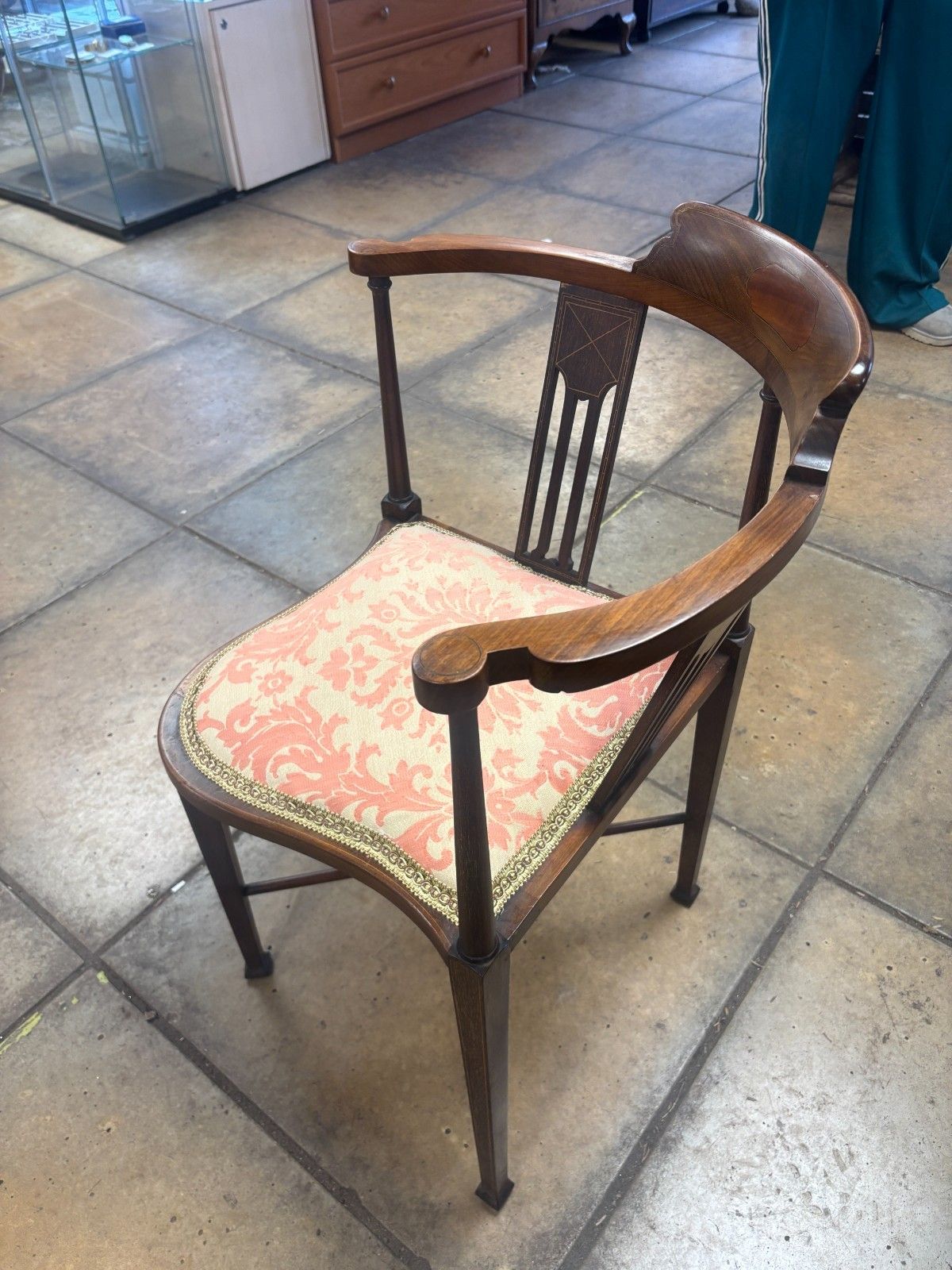 Antique Edwardian Inlaid Mahogany Corner Chair With Reupholstered Cushion Base photo vintage
