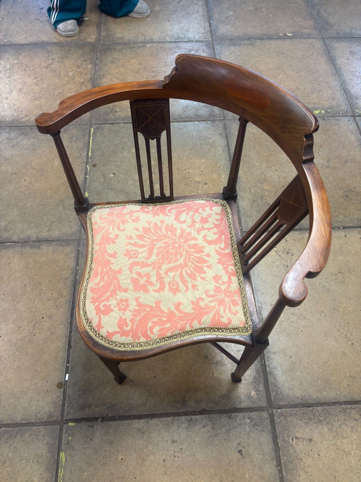 photo furniture Antique Edwardian Inlaid Mahogany Corner Chair With Reupholstered Cushion Base