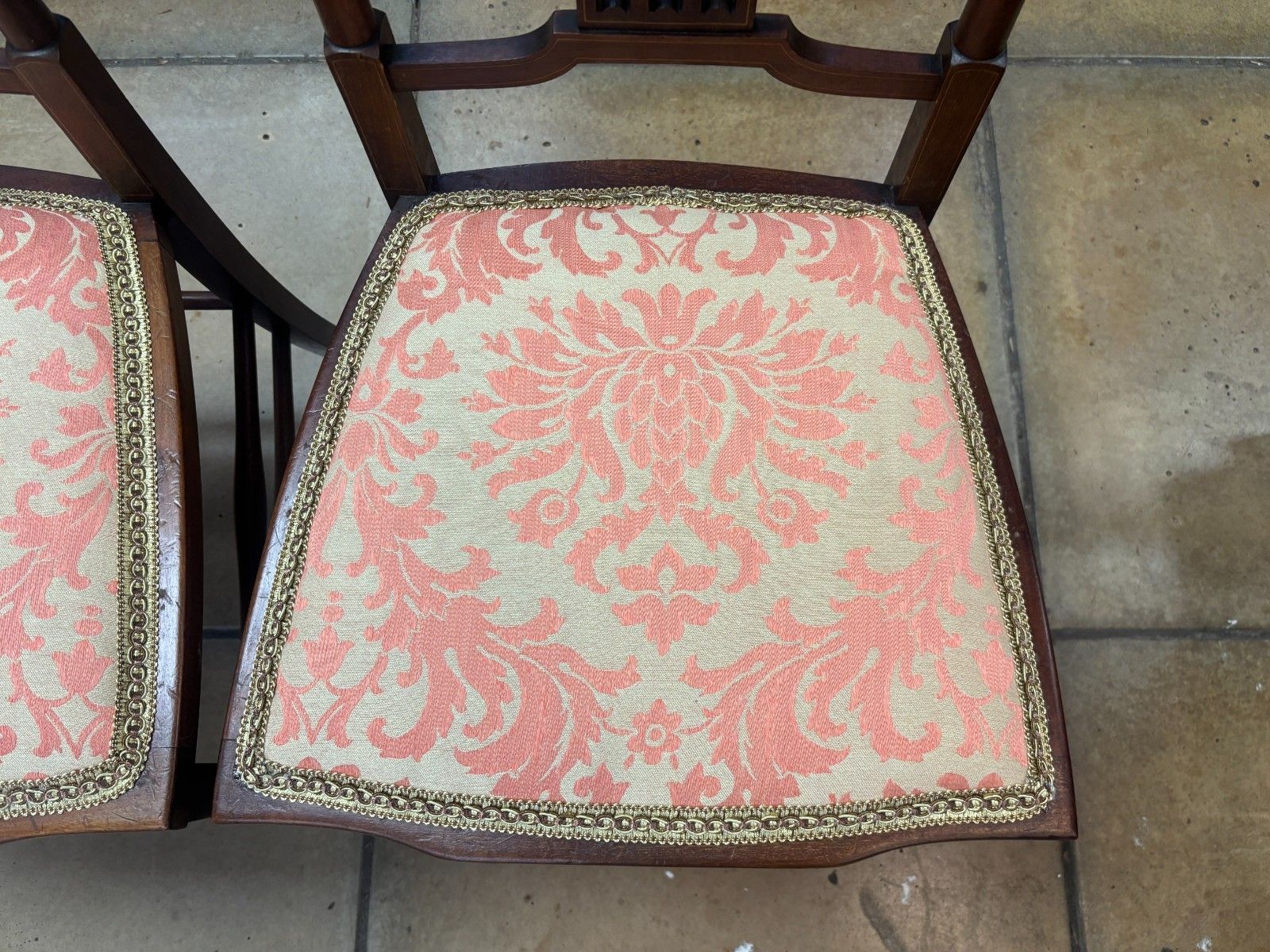 Pair Of Edwardian Mahogany Side Chairs With Reupholstered Cushion Base photo buy