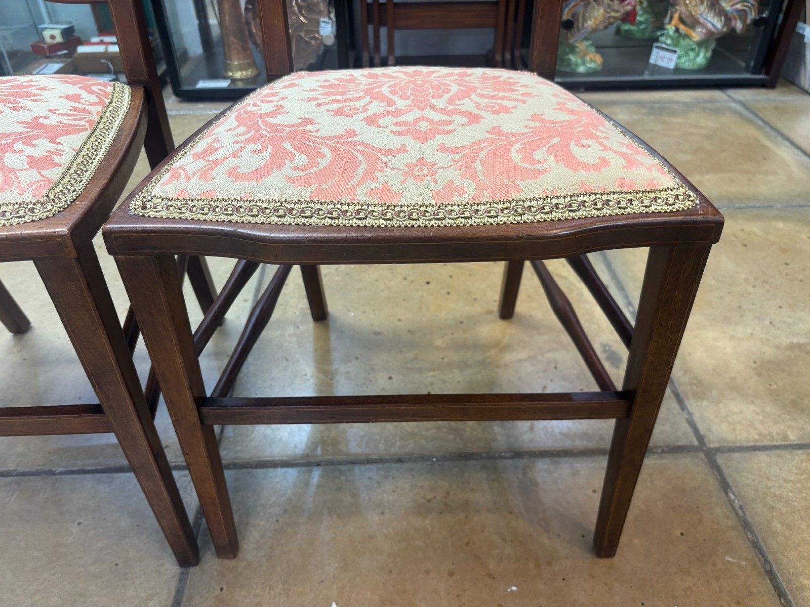 Pair Of Edwardian Mahogany Side Chairs With Reupholstered Cushion Base photo vintage