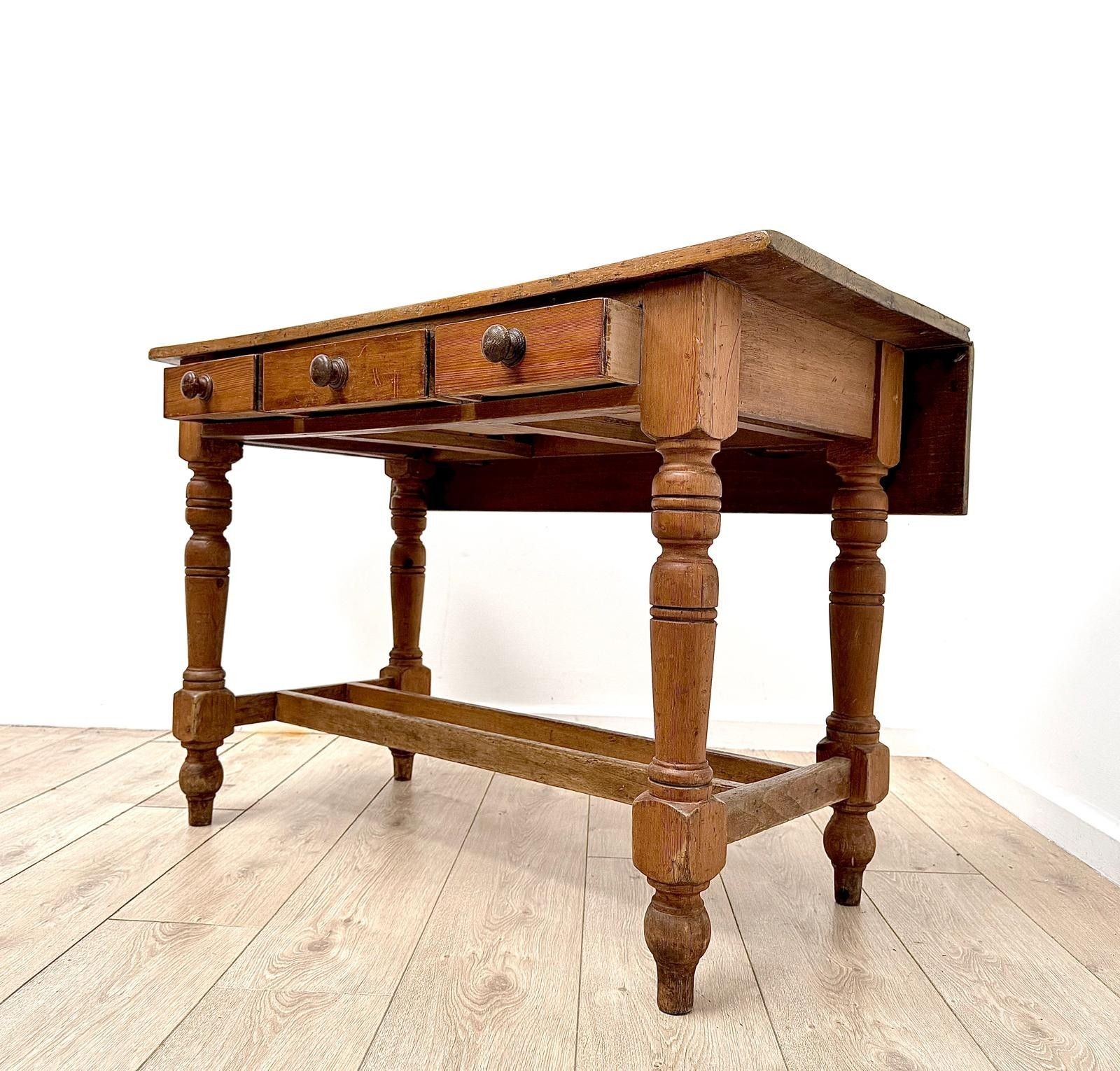 photo furniture Vintage French Pine Drop Leaf Farmhouse Table Three Drawer  Delivery Available 0001.
