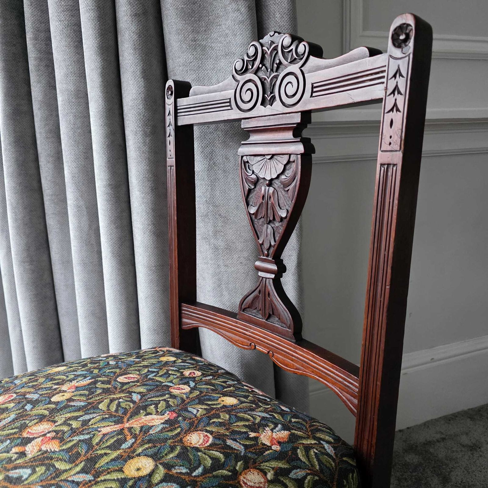 Antique, Mahogany Framed Child's Chair On Original Castors. Covered In Wlm Morris Fabric. photo furniture